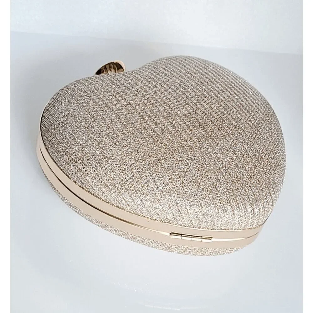 ❤️✨ Gold Sparkling Glitter Heart Shaped Top Handle Chain Clutch Purse Bag NEW